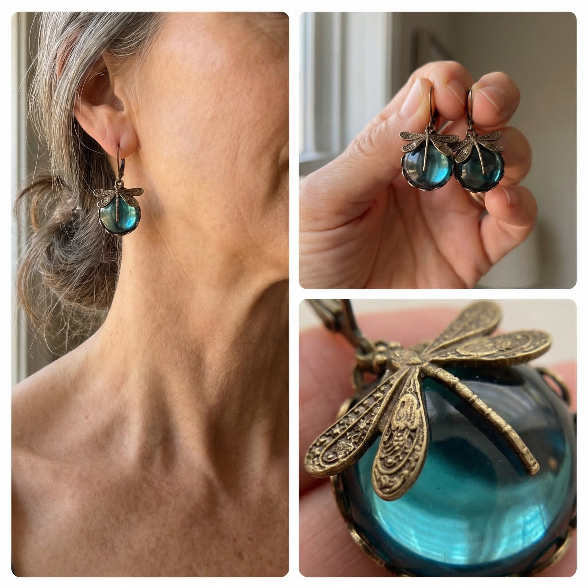 Spherical dragonfly earrings in antique gold