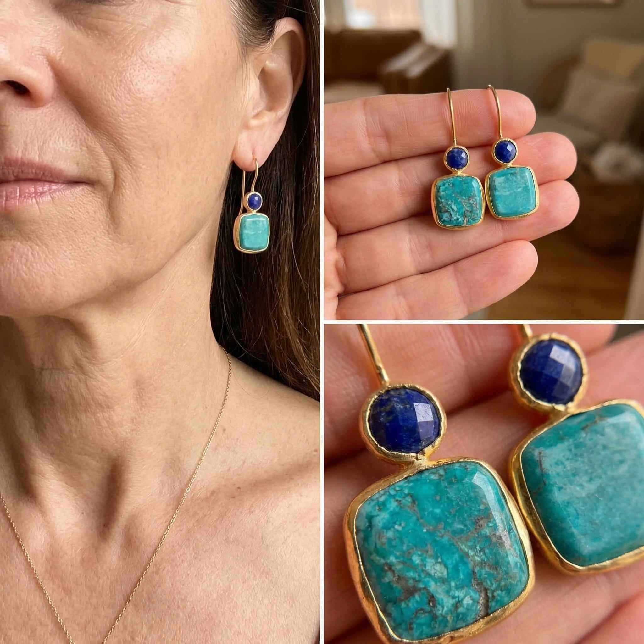 Fashionable Square Inlaid Turquoise  Earrings